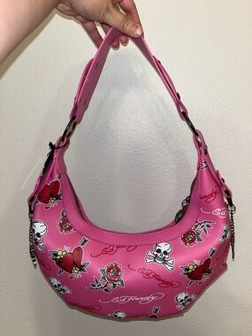 Ed Hardy Hot Pink Tattoo-Print Shoulder Purse Hobo